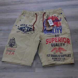 Born Fly shorts men's 38 Khaki Print All Over NWT Rare